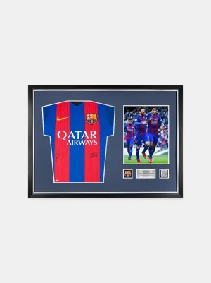Cheap Lionel Messi y Luis Suárez Camiseta oficial del frontal firmada y enmarcada 2016-17 Colección Messi | Memorabilia Firmado