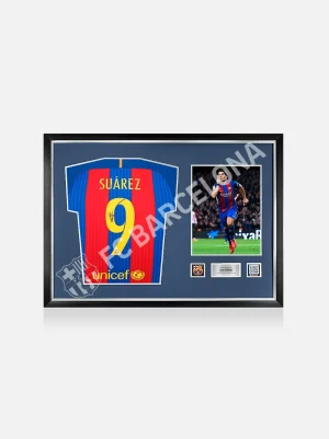 Store SUÁREZ | Camiseta Oficial del 2016-17 firmada y enmarcada por Luis Suárez Memorabilia Firmado